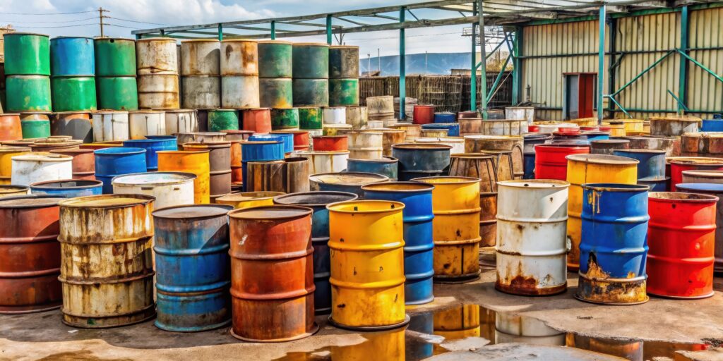 hazardous waste disposal site with drums and hazardous materials